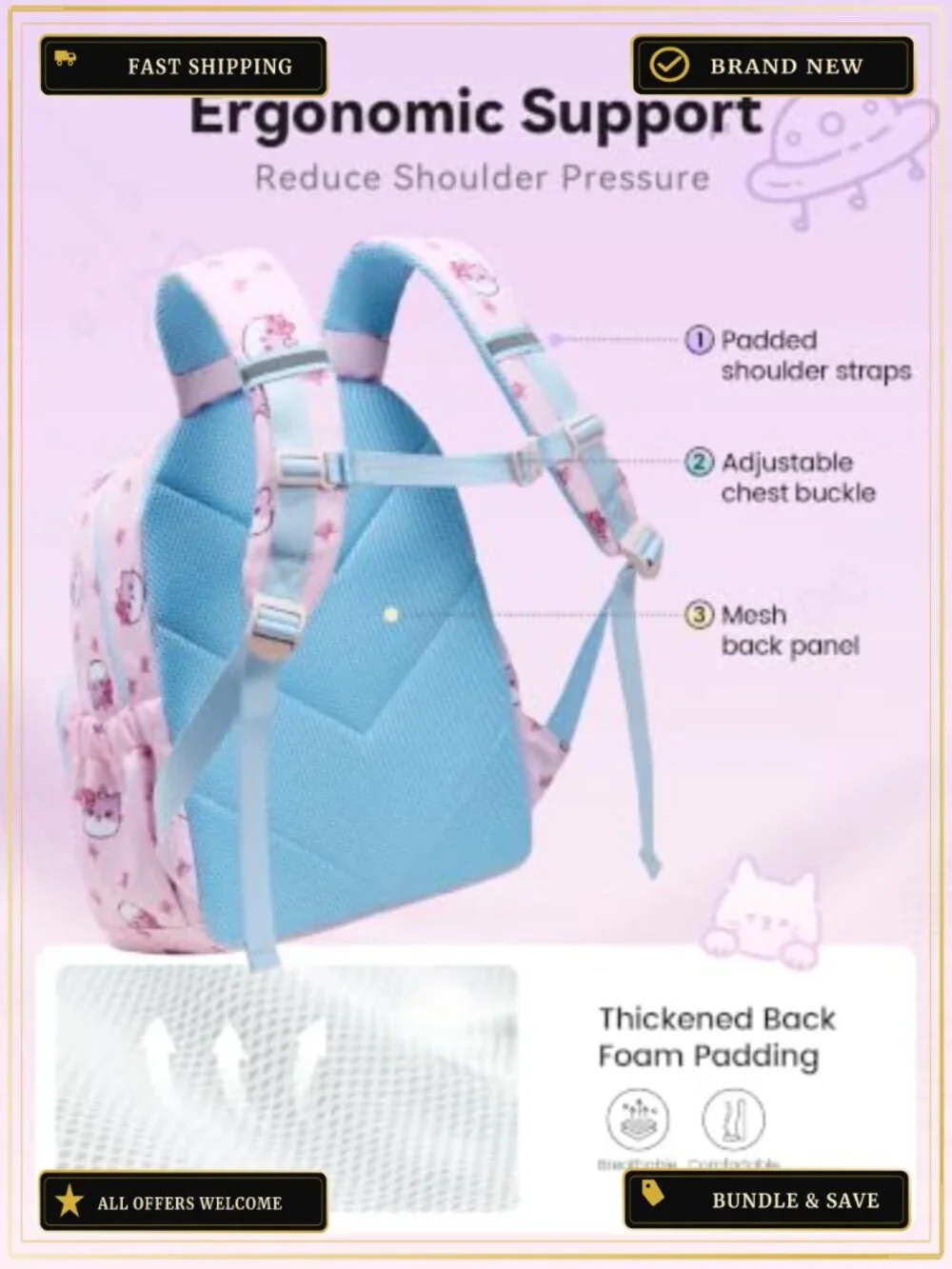 Kids Cat Backpack with Lunch Box, Cute Animal Bookbag for School,